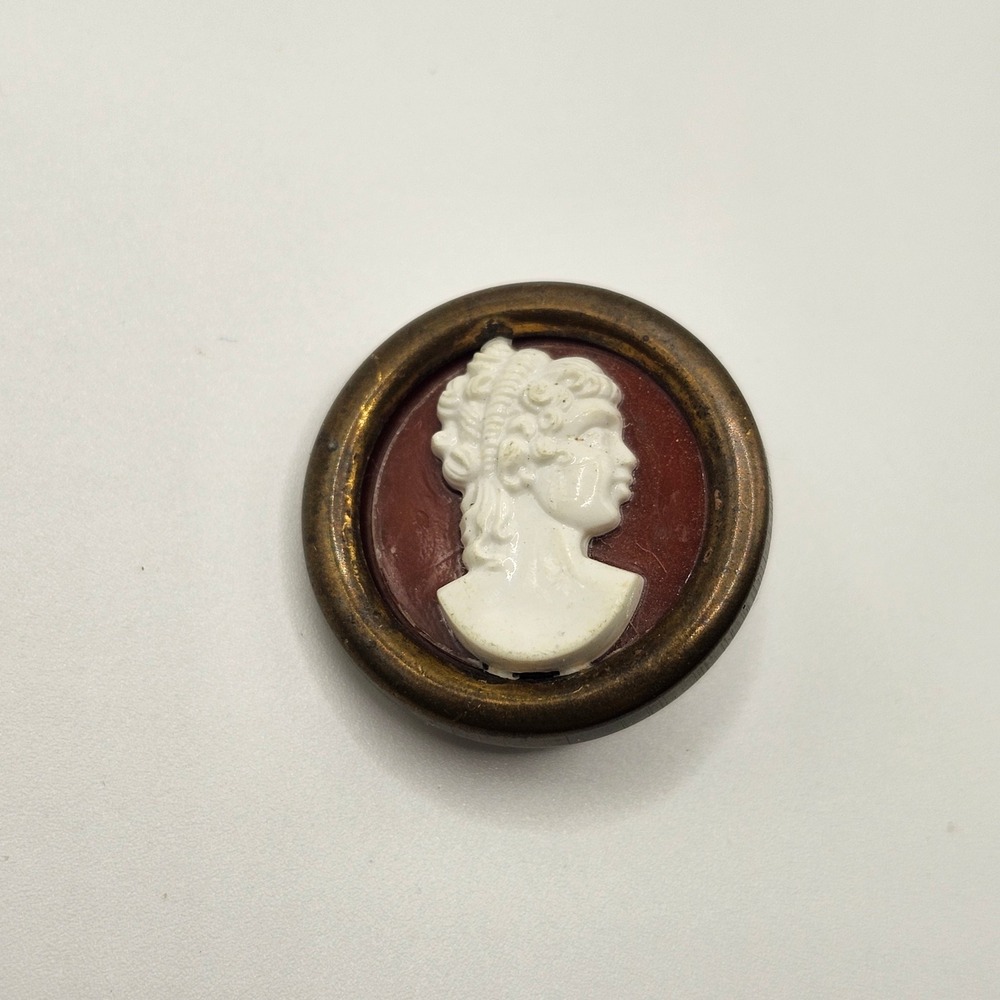 Vintage Cameo Brooch Pin White Portrait on Red Background brass Tone Frame